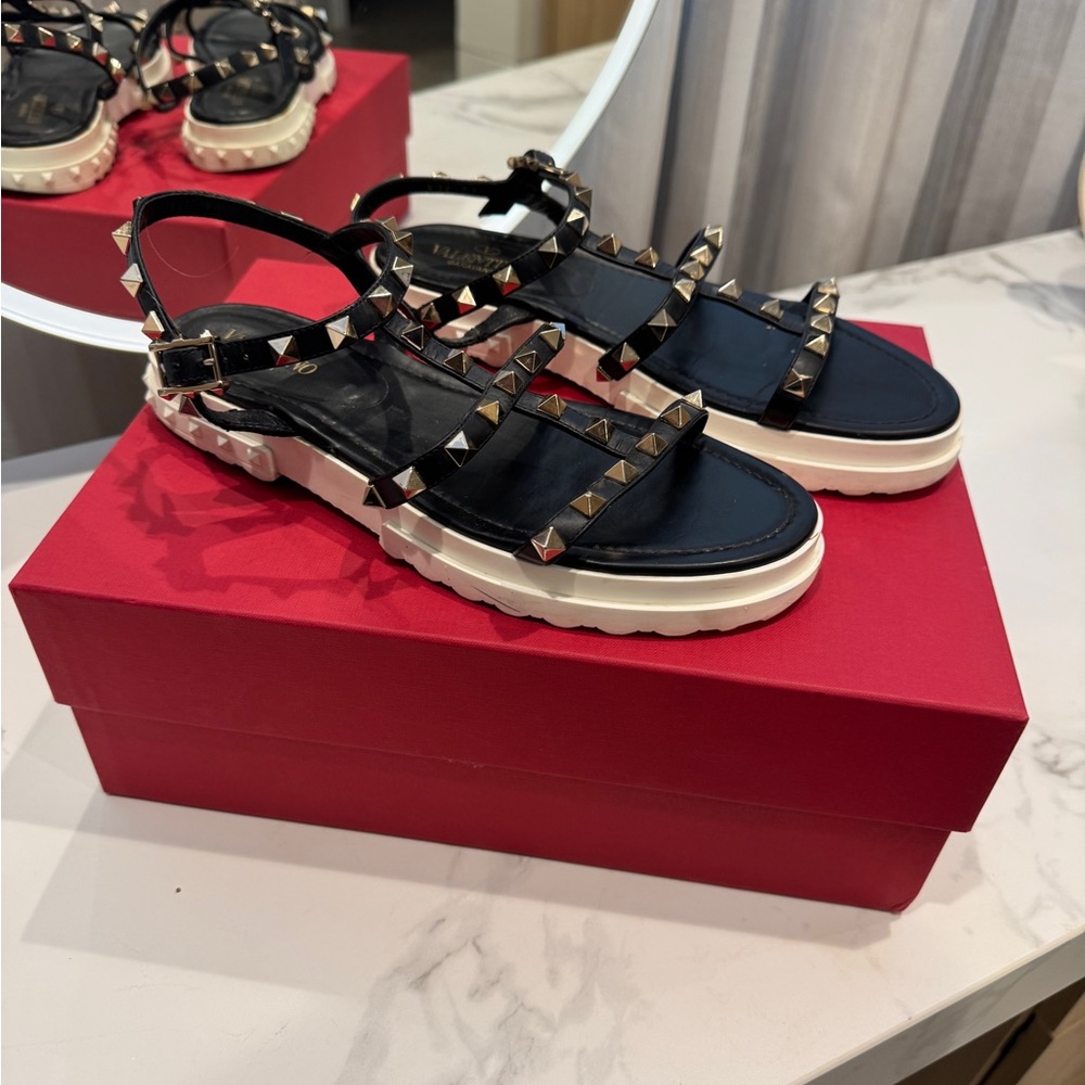 Valentino Garavani Black Studded Leather Sandals with White Sole